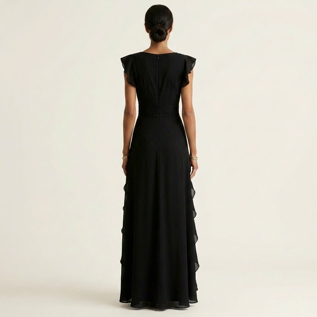 Oona | Wrap-Style V-Neck Flutter-Sleeve Cascading Ruffle Maxi Dress