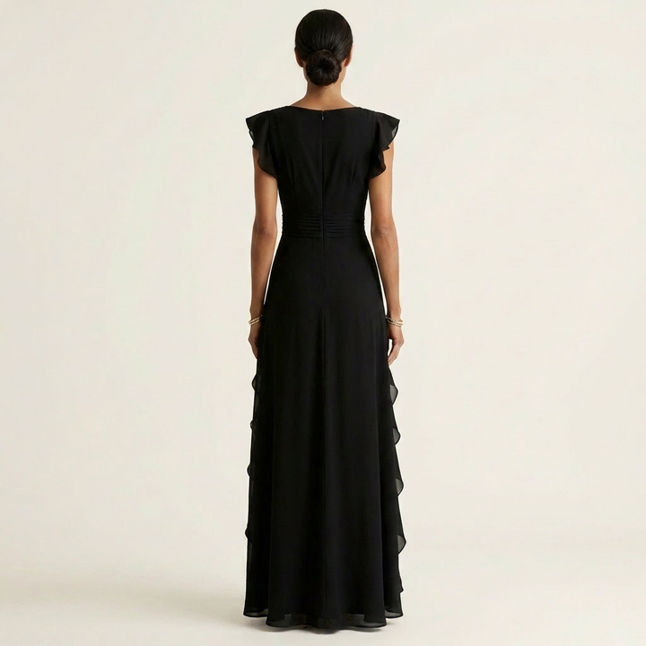 Oona | Wrap-Style V-Neck Flutter-Sleeve Cascading Ruffle Maxi Dress