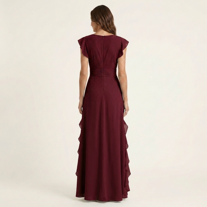 Oona | Wrap-Style V-Neck Flutter-Sleeve Cascading Ruffle Maxi Dress