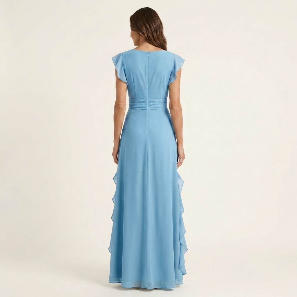 Oona | Wrap-Style V-Neck Flutter-Sleeve Cascading Ruffle Maxi Dress