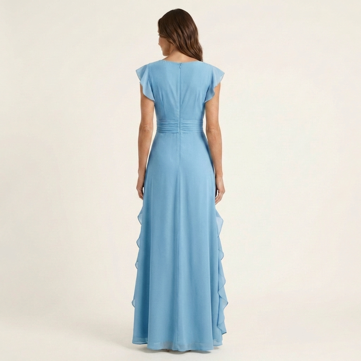Oona | Wrap-Style V-Neck Flutter-Sleeve Cascading Ruffle Maxi Dress