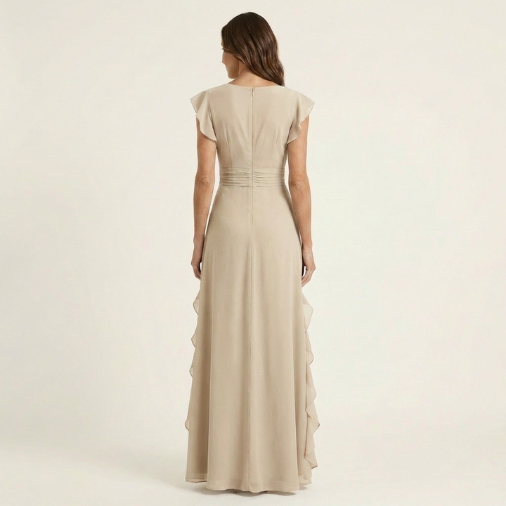 Oona | Wrap-Style V-Neck Flutter-Sleeve Cascading Ruffle Maxi Dress