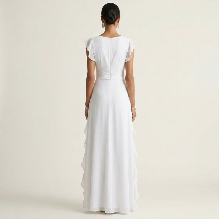 Oona | Wrap-Style V-Neck Flutter-Sleeve Cascading Ruffle Maxi Dress