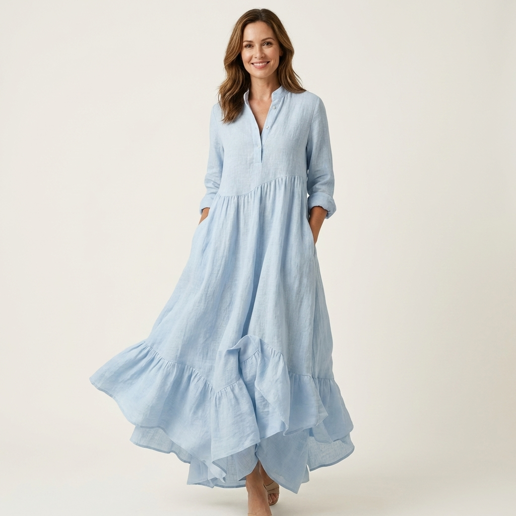 Ortensia | Stand-Collar Button-Front Ruffle Hem Maxi Dress