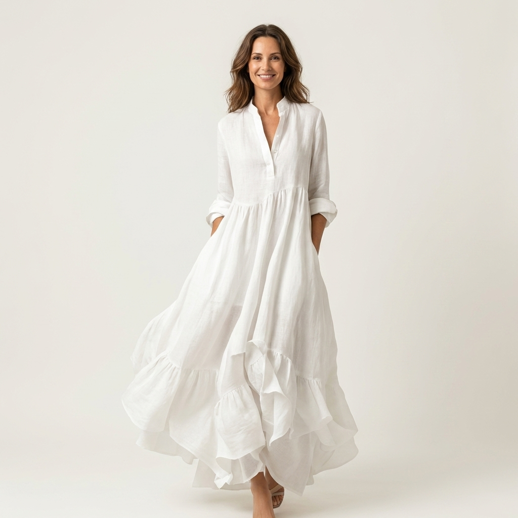 Ortensia | Stand-Collar Button-Front Ruffle Hem Maxi Dress