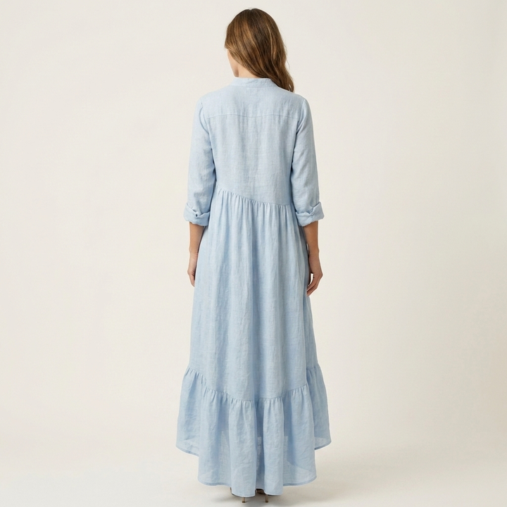Ortensia | Stand-Collar Button-Front Ruffle Hem Maxi Dress