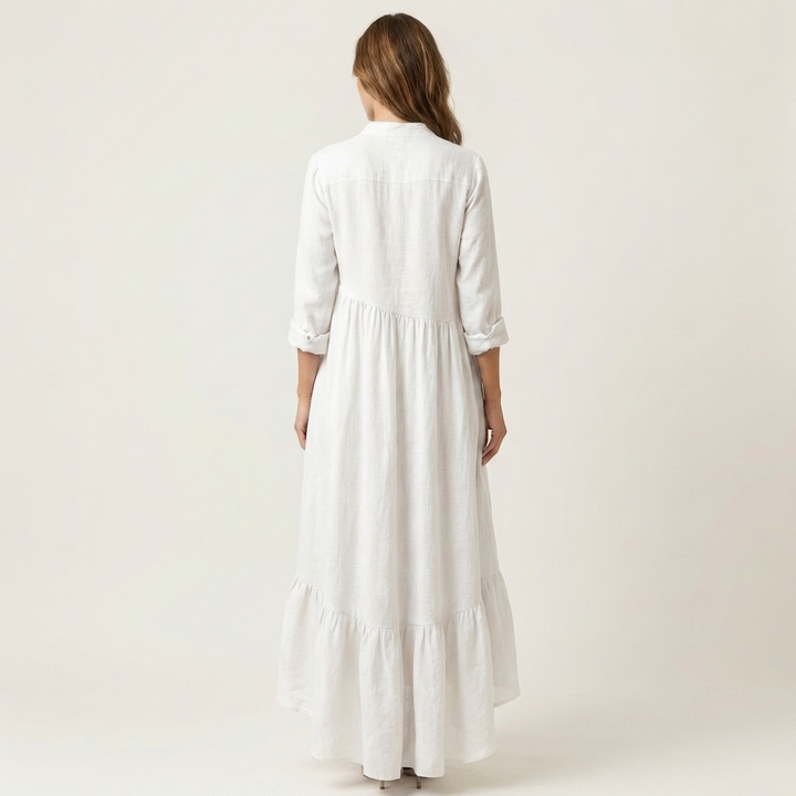 Ortensia | Stand-Collar Button-Front Ruffle Hem Maxi Dress
