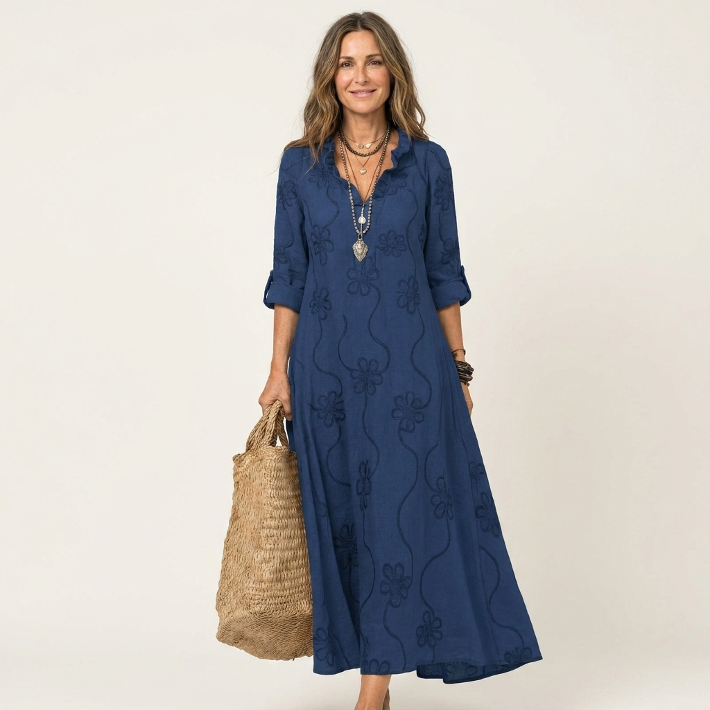 Nesta | Cotton-Linen Maxi Dress with Tonal Floral Embroidery