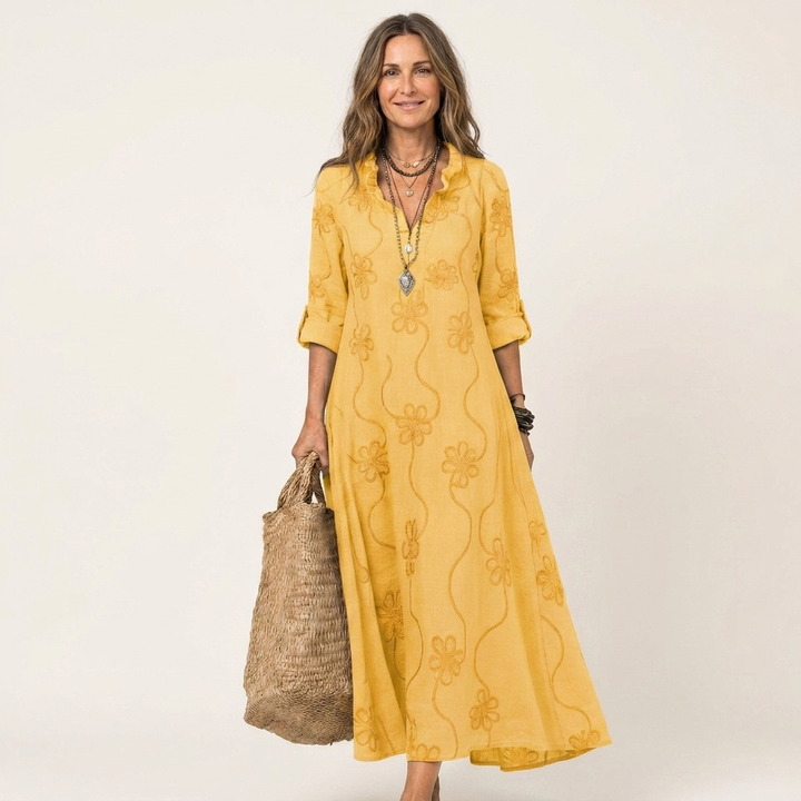 Nesta | Cotton-Linen Maxi Dress with Tonal Floral Embroidery