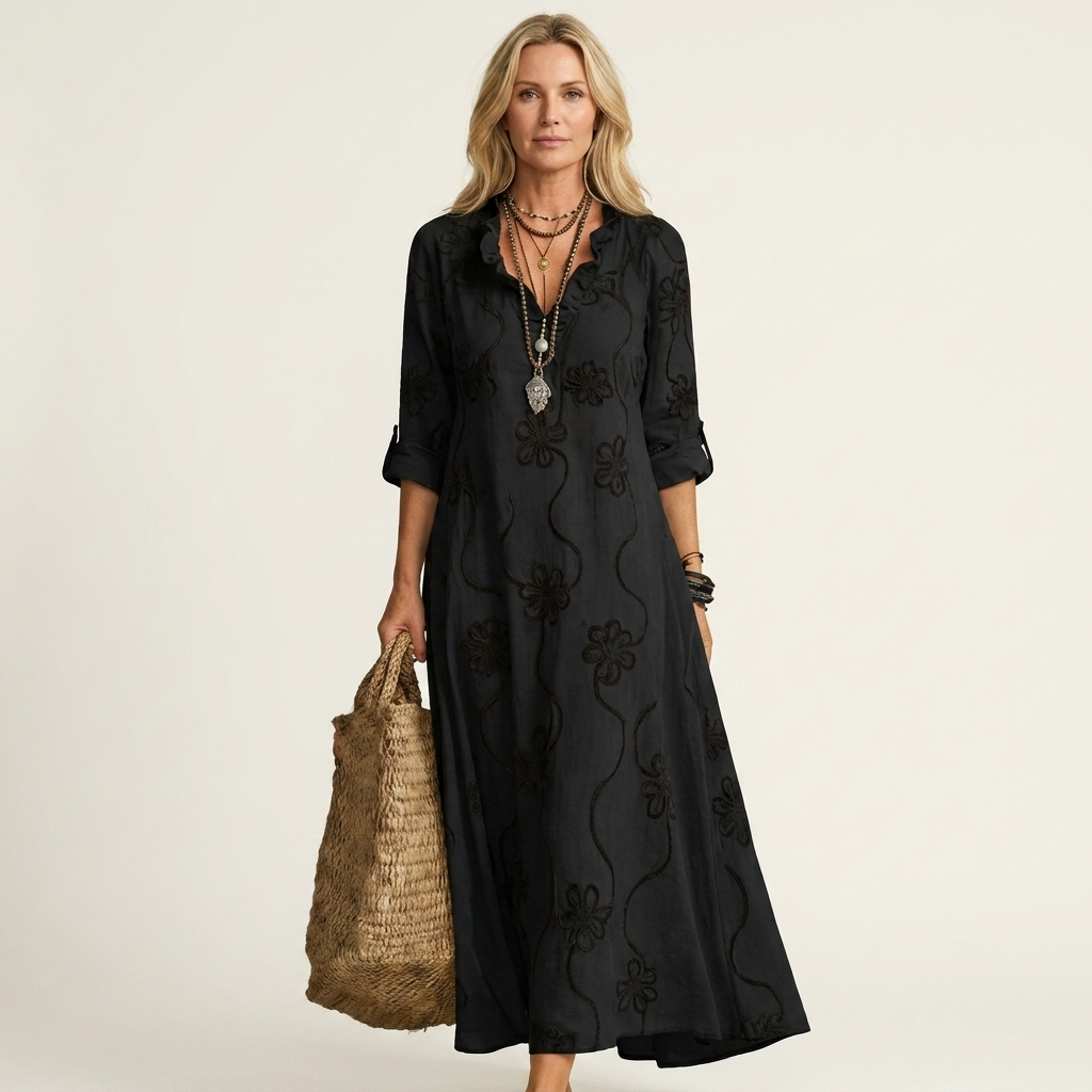 Nesta | Cotton-Linen Maxi Dress with Tonal Floral Embroidery