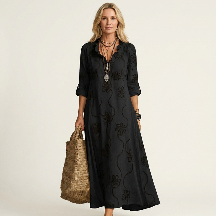 Nesta | Cotton-Linen Maxi Dress with Tonal Floral Embroidery