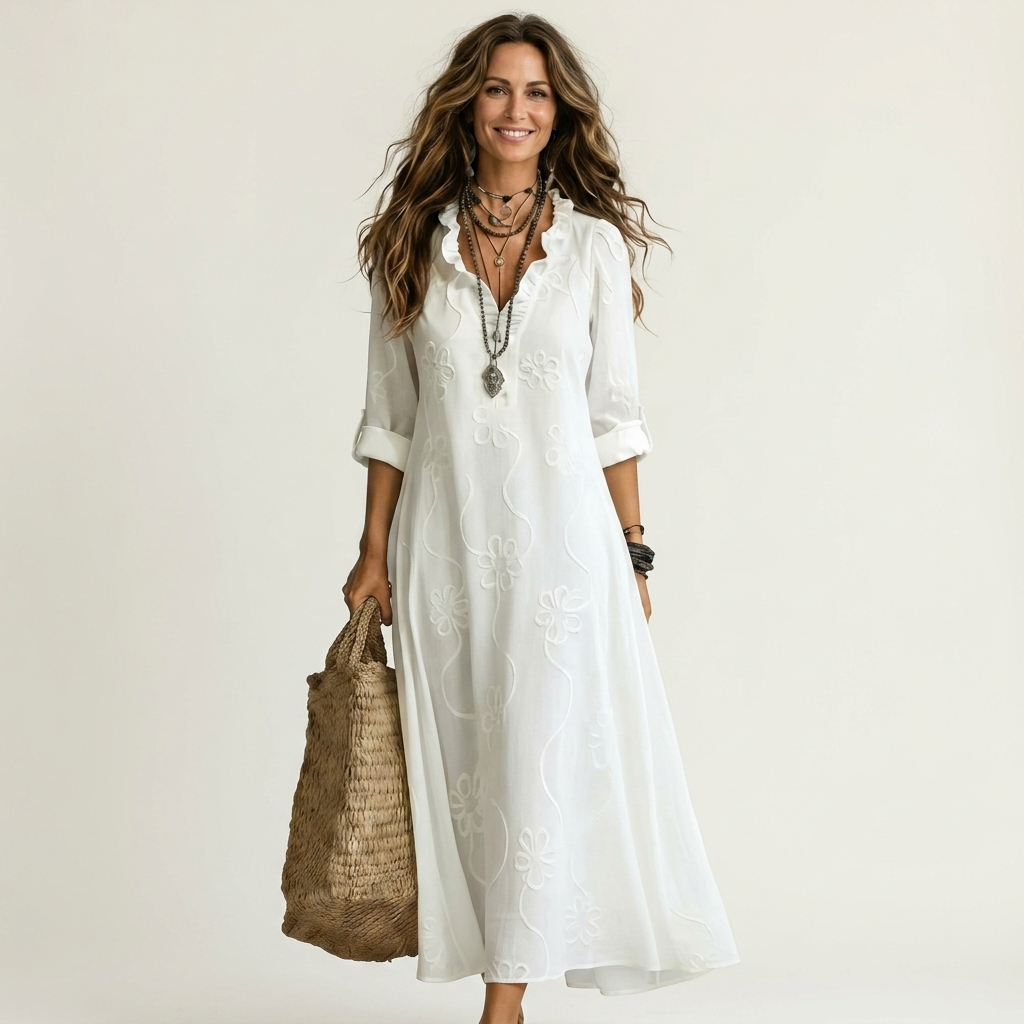 Nesta | Cotton-Linen Maxi Dress with Tonal Floral Embroidery