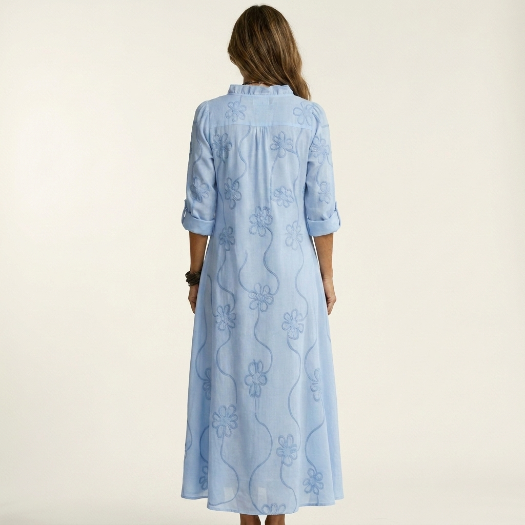 Nesta | Cotton-Linen Maxi Dress with Tonal Floral Embroidery