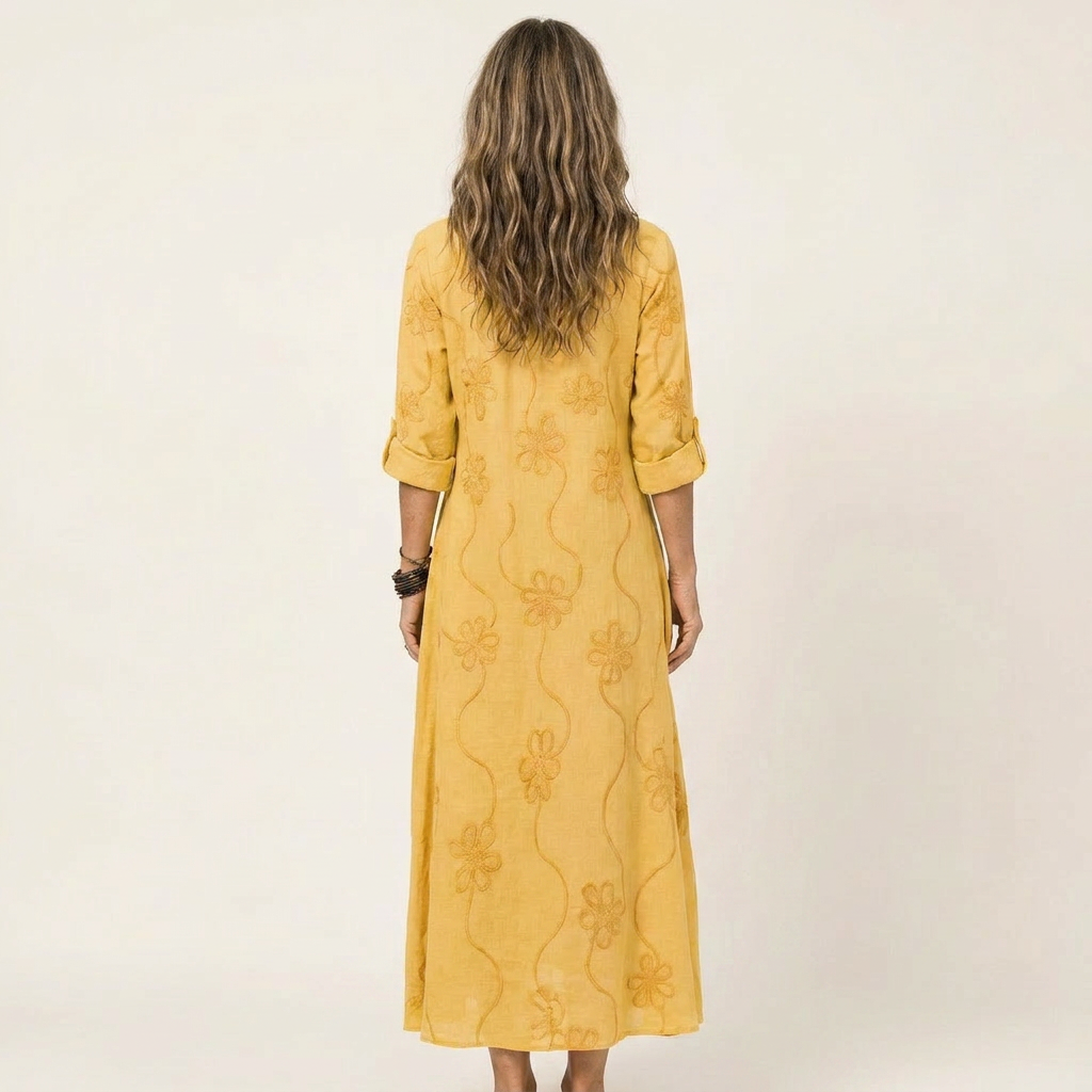 Nesta | Cotton-Linen Maxi Dress with Tonal Floral Embroidery