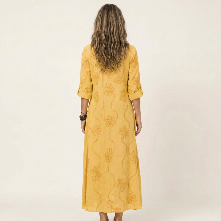Nesta | Cotton-Linen Maxi Dress with Tonal Floral Embroidery