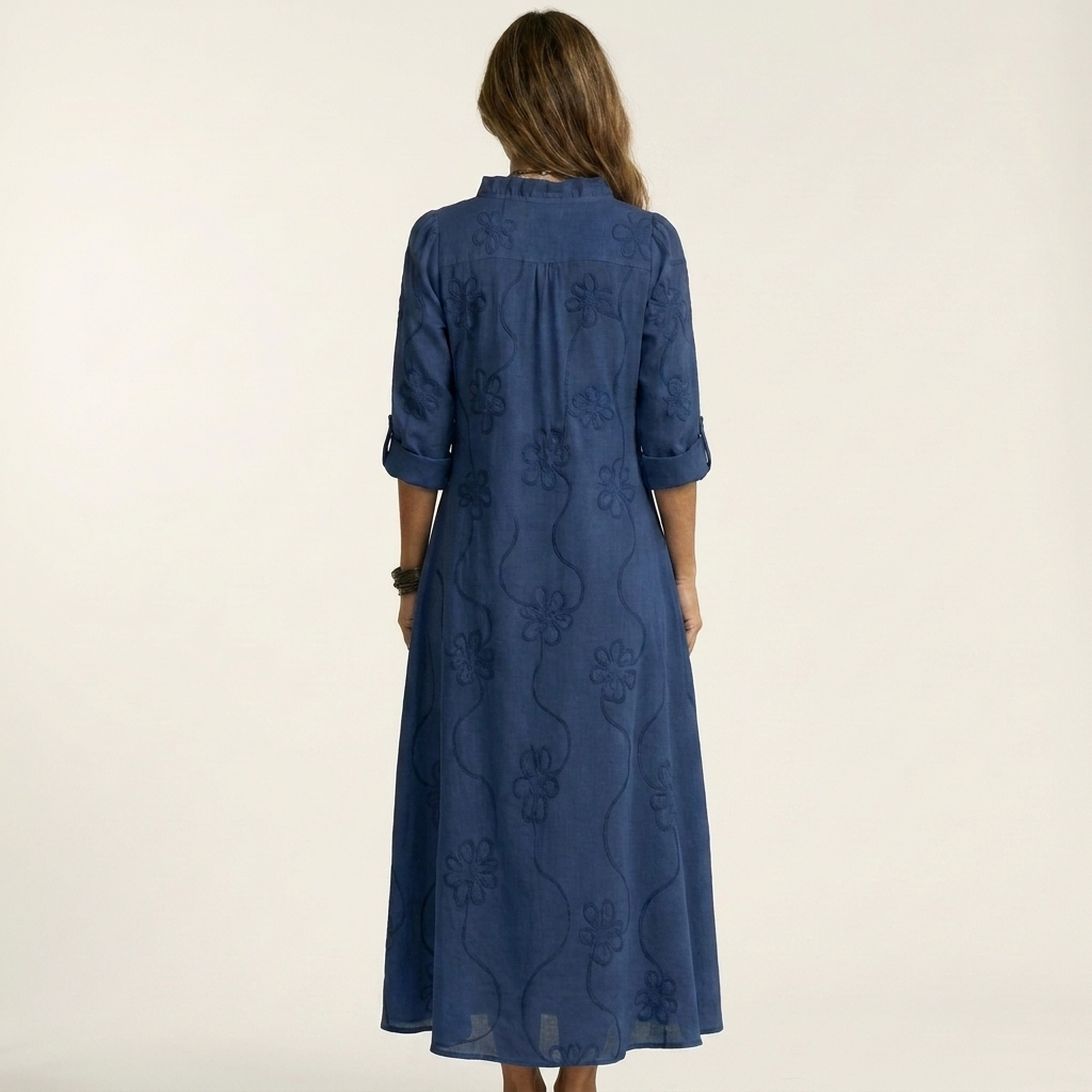 Nesta | Cotton-Linen Maxi Dress with Tonal Floral Embroidery