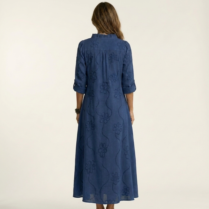 Nesta | Cotton-Linen Maxi Dress with Tonal Floral Embroidery
