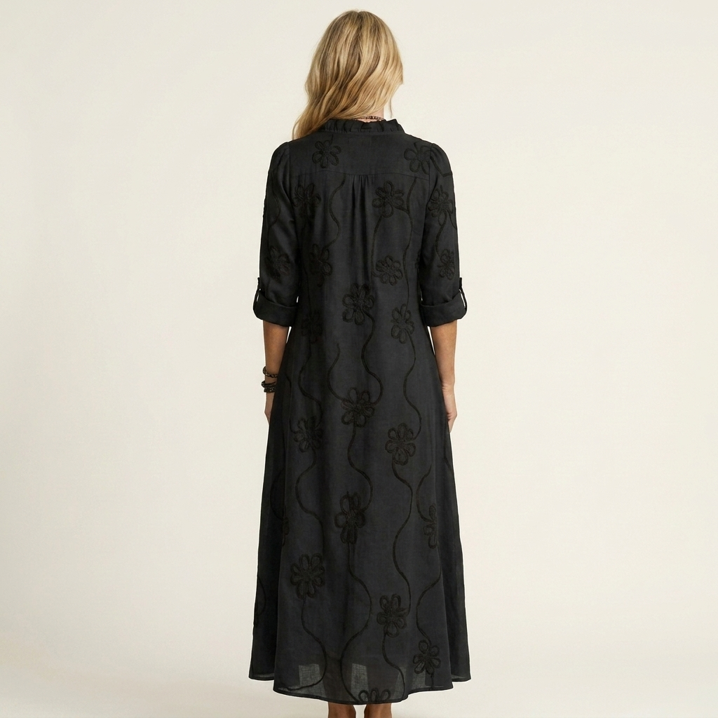 Nesta | Cotton-Linen Maxi Dress with Tonal Floral Embroidery