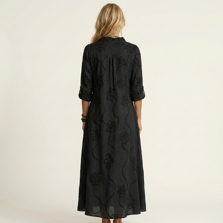Nesta | Cotton-Linen Maxi Dress with Tonal Floral Embroidery