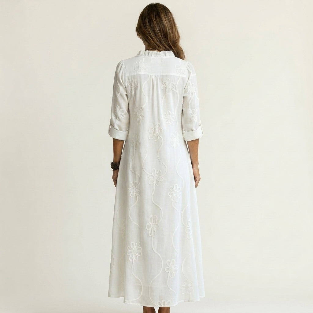 Nesta | Cotton-Linen Maxi Dress with Tonal Floral Embroidery