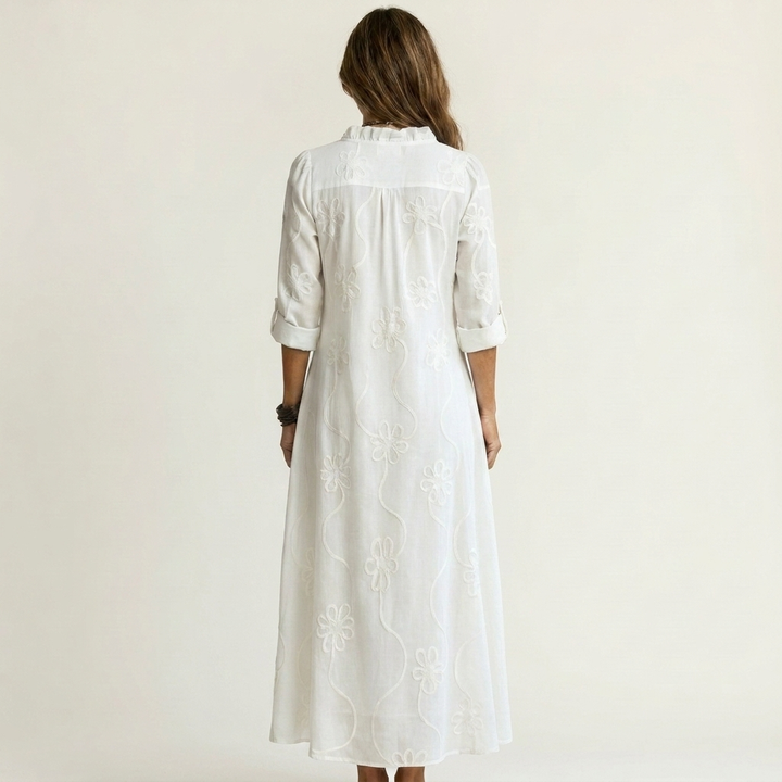 Nesta | Cotton-Linen Maxi Dress with Tonal Floral Embroidery