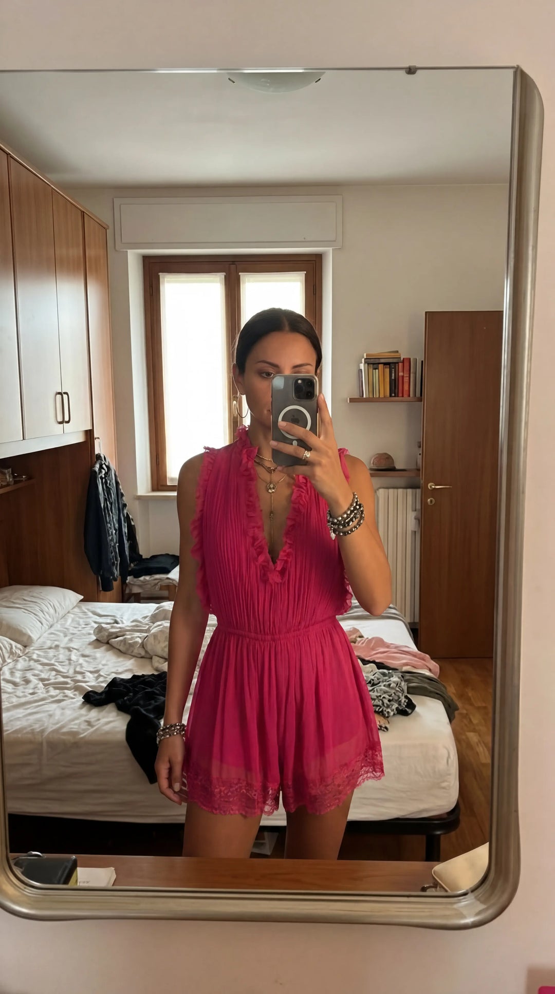 Pleated Chiffon Jumpsuit with Lace and Ruffles in Fuchsia