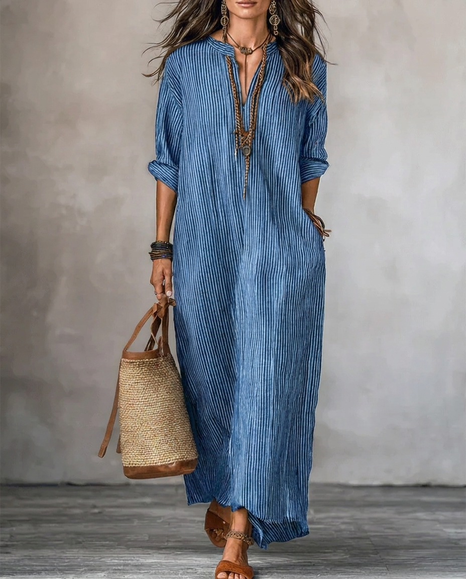 BRONWYN | Long Sleeve Maxi Dress V-Neck Striped Style with Side Pockets