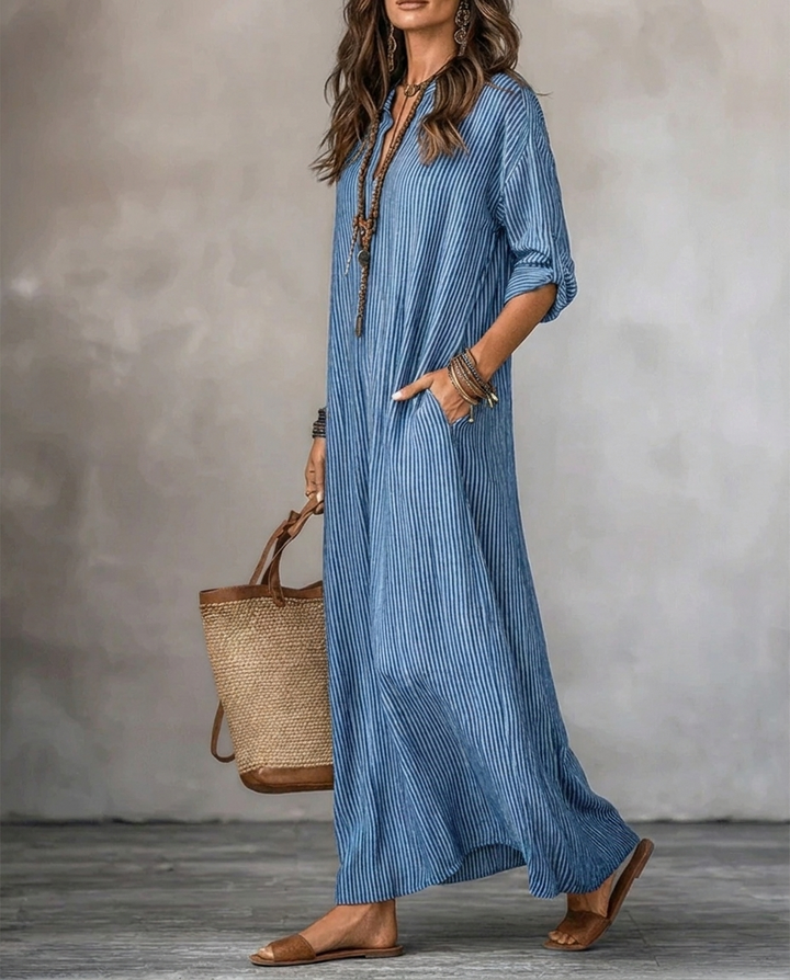 BRONWYN | Long Sleeve Maxi Dress V-Neck Striped Style with Side Pockets