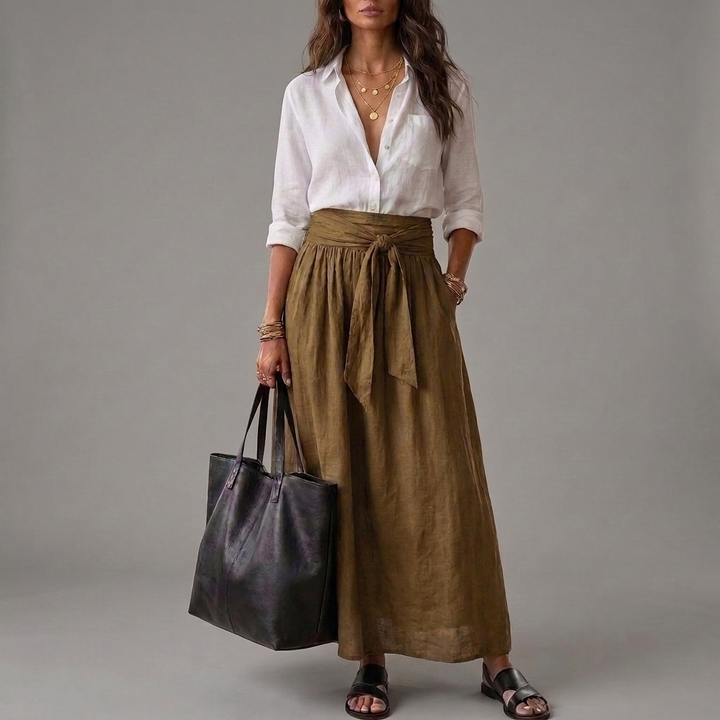 Arlene | Two-Piece Set: Black Top and Olive Green Midi Skirt