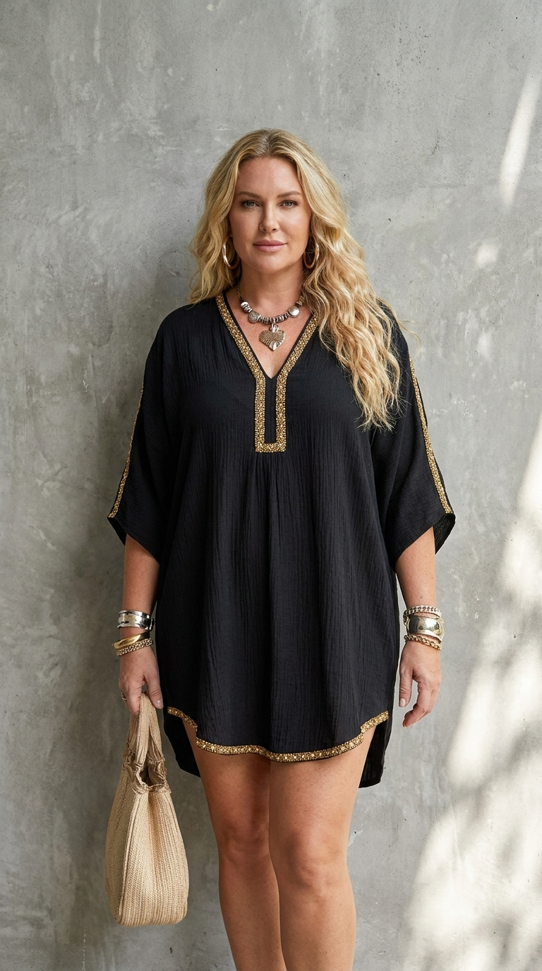 Gwendolyn | Black Kaftan-Style Mini Dress with Deep V-Neck