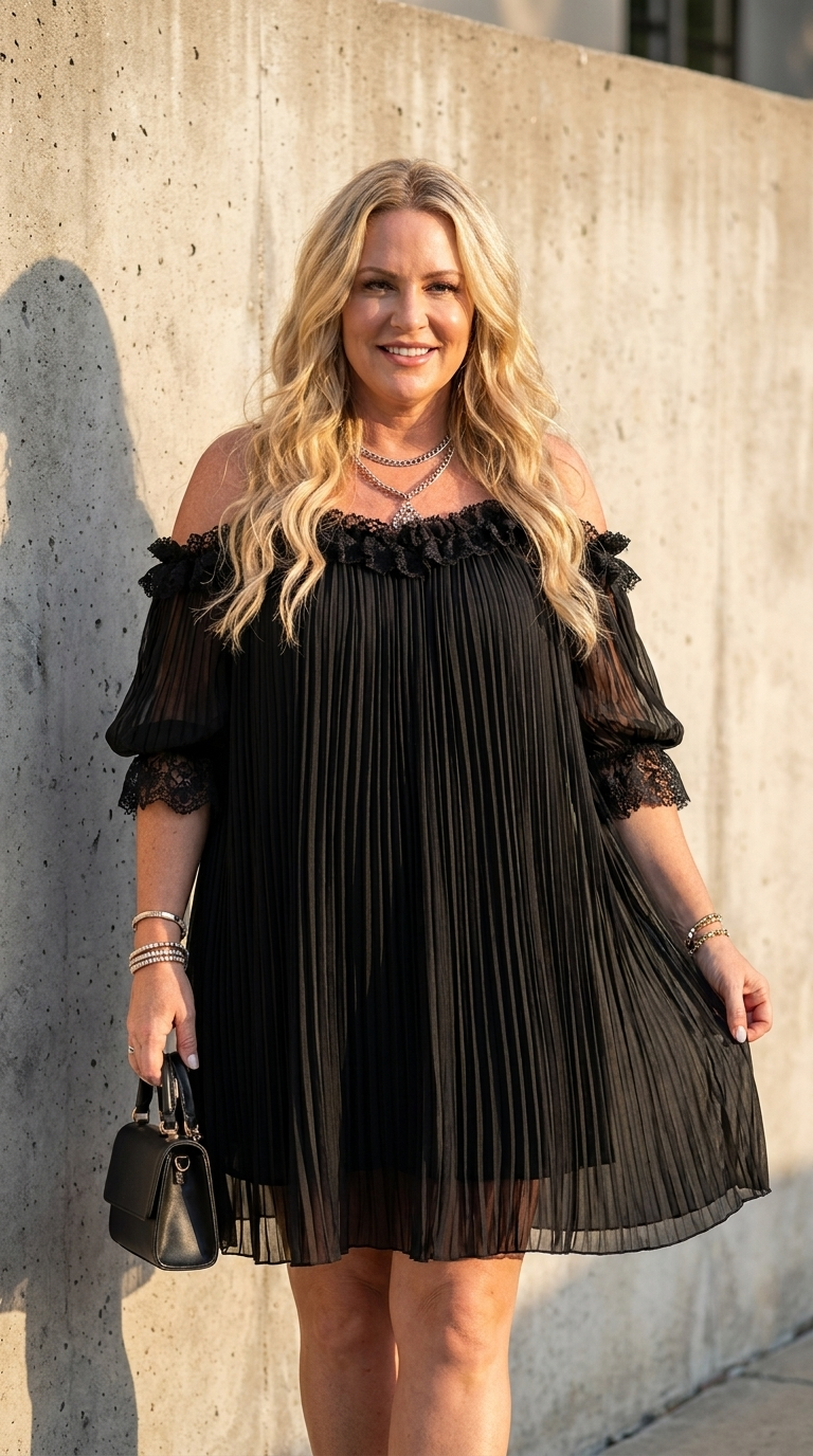 Clarissa | Off-Shoulder Black Chiffon Mini Dress with Lace Trim