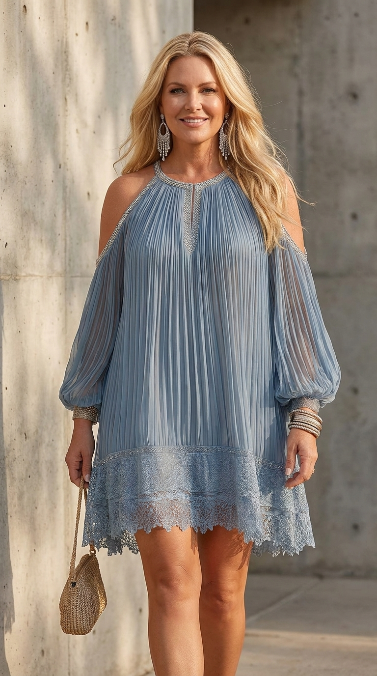 Sidonie | Off-the-Shoulder Blue Mini Dress with Ruching and Lace Trim