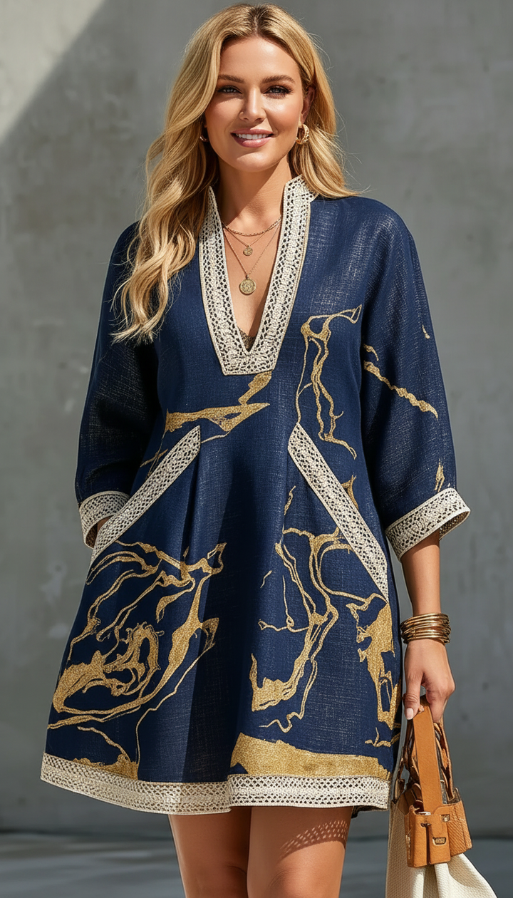 Ursula | Navy Blue Mini Dress Featuring Gold Patterns and V-Neck Crochet Lace