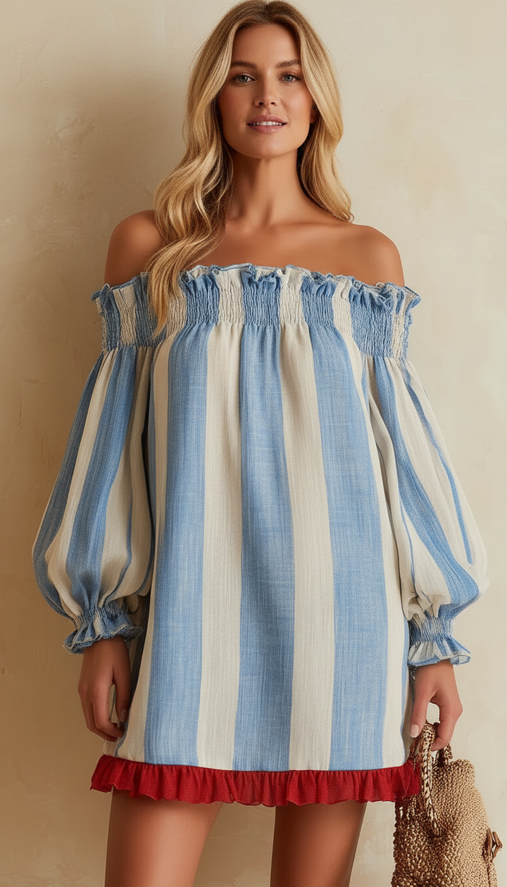 Romilly | Blue and White Striped Mini Dress with Off-the-Shoulder Style and Contrasting Hem