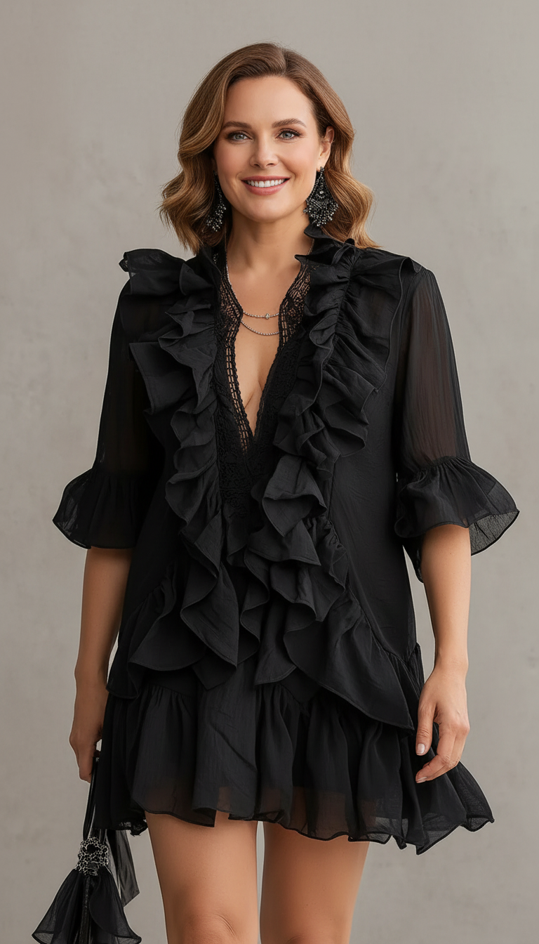 Yolande | Black Ruffled Chiffon Mini Dress