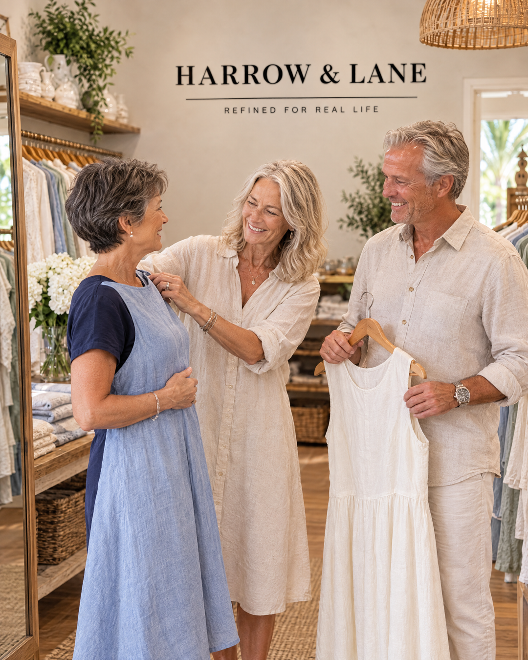 Choosing a linen dress together at Harrow & Lane