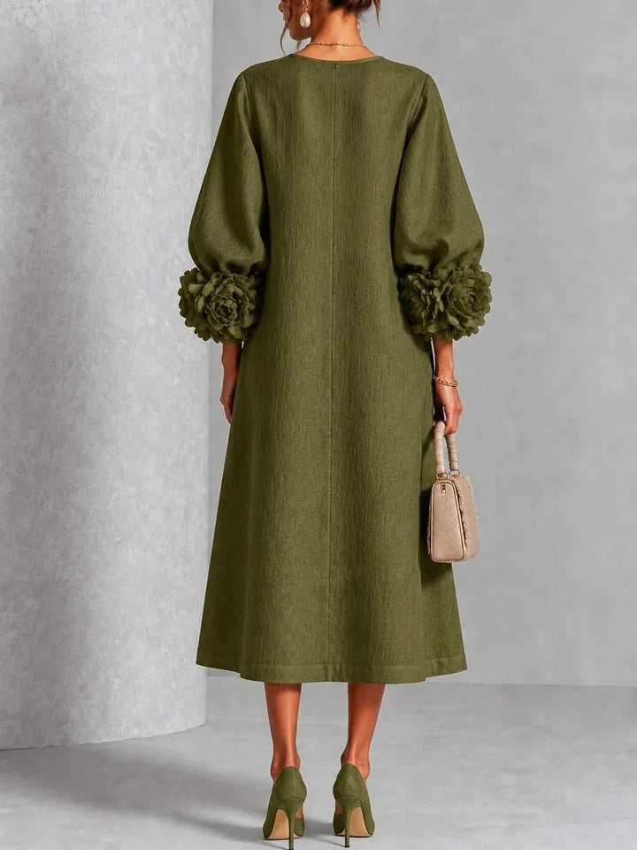 Maggie | Floral Midi Dress with Rose-Cuff Sleeves