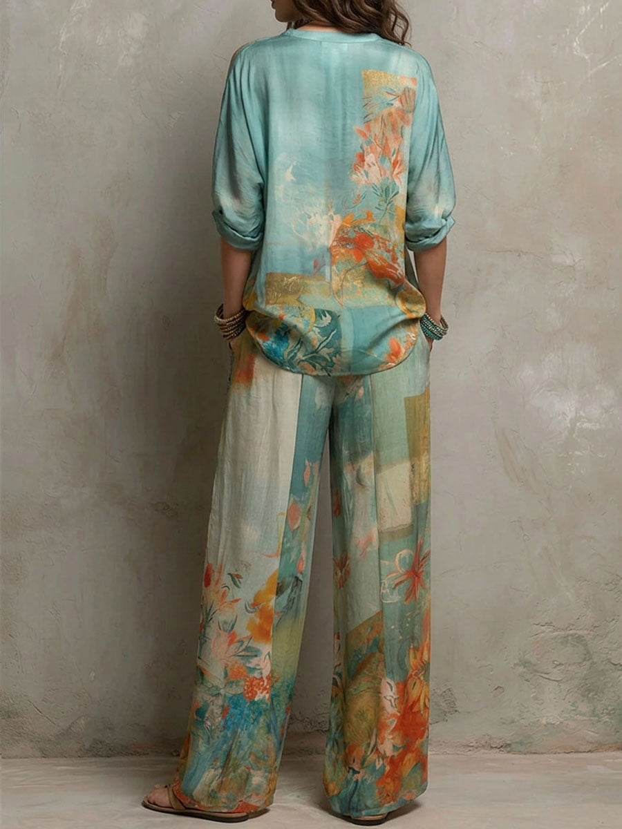 Coretta | Elegant floral print set with wide trousers