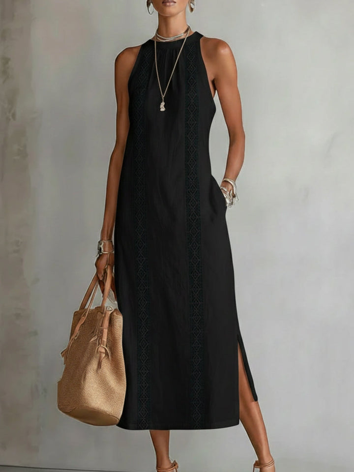 Raffaella | Relaxed Embroidered Mandarin Collar Midi Dress