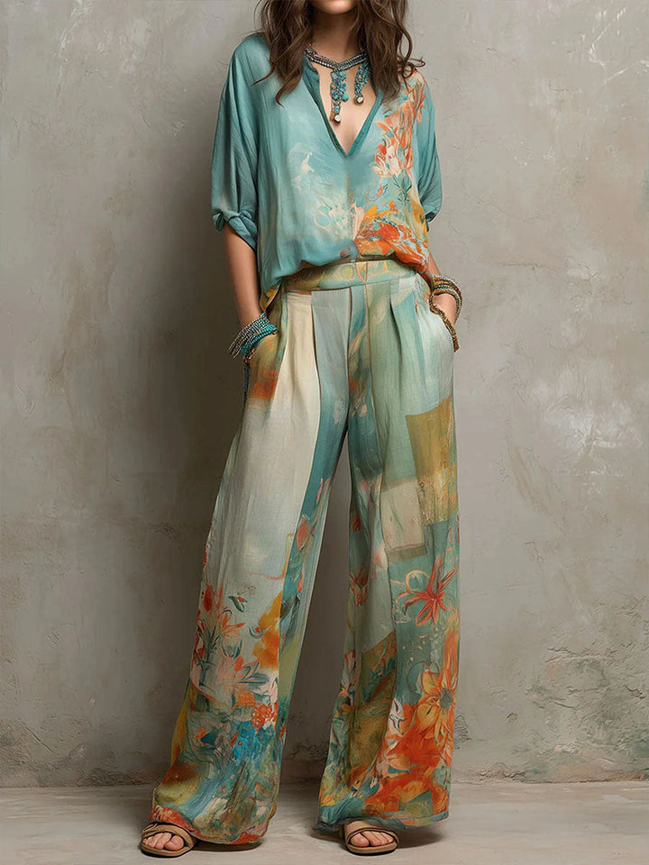Lilias – Elegant Floral Print Set with Wide-Leg Pants
