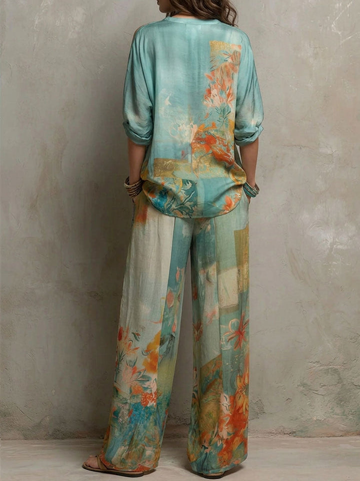 Iolanda – Elegant Floral Print Set with Wide-Leg Trousers