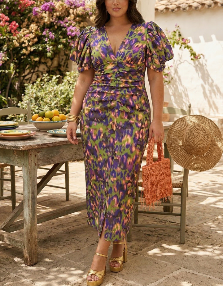 Minna - Vibrant Midi Dress with Puff Sleeves