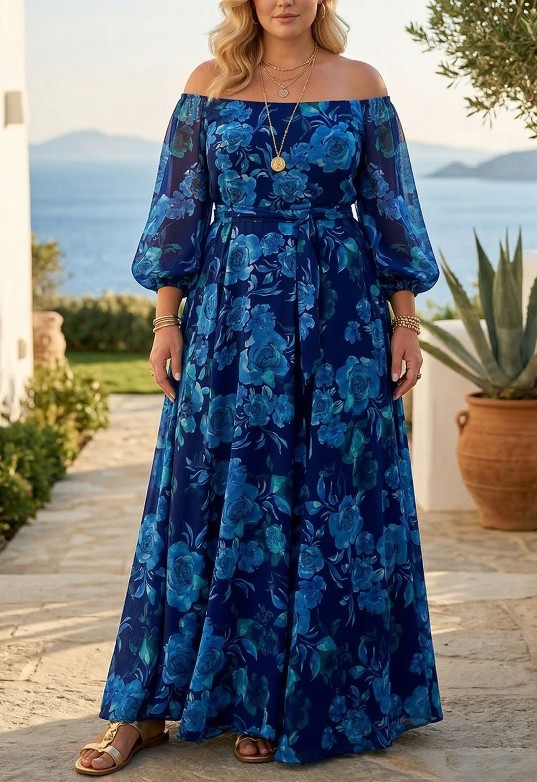 Lauriane - Long dress with floral print and off-the-shoulder sleeves
