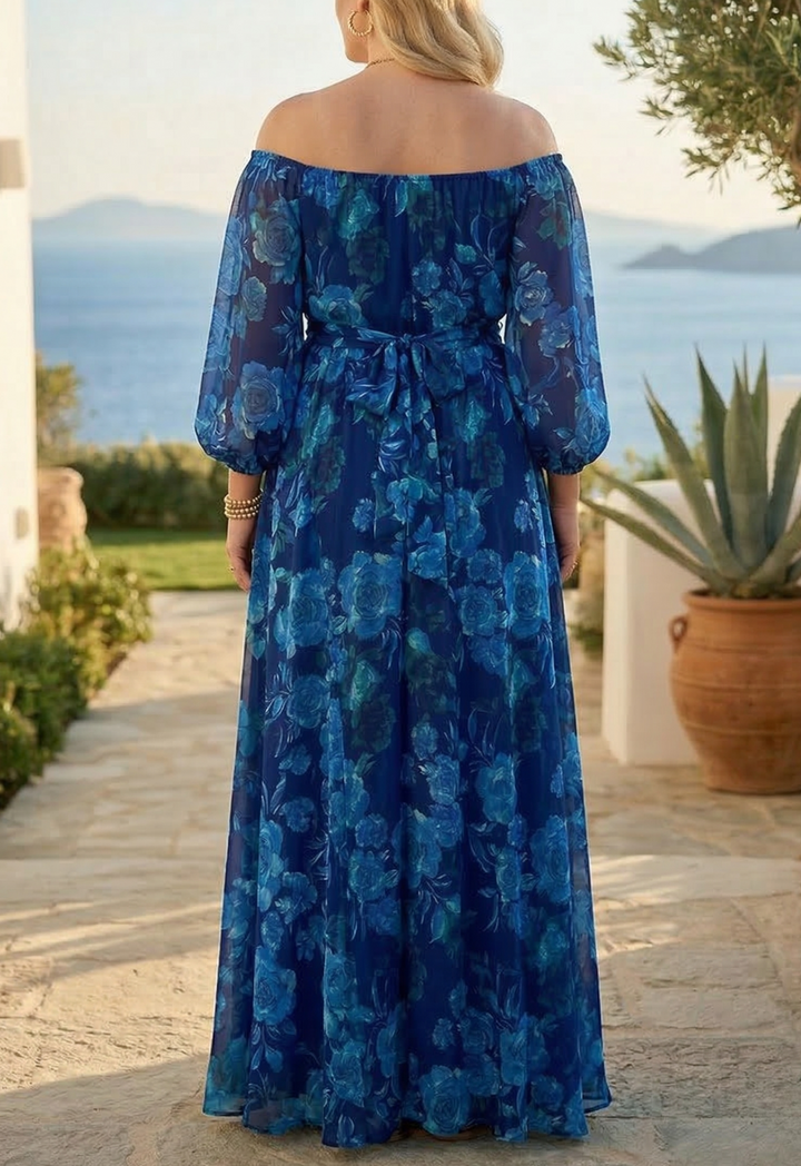 Lauriane - Long dress with floral print and off-the-shoulder sleeves