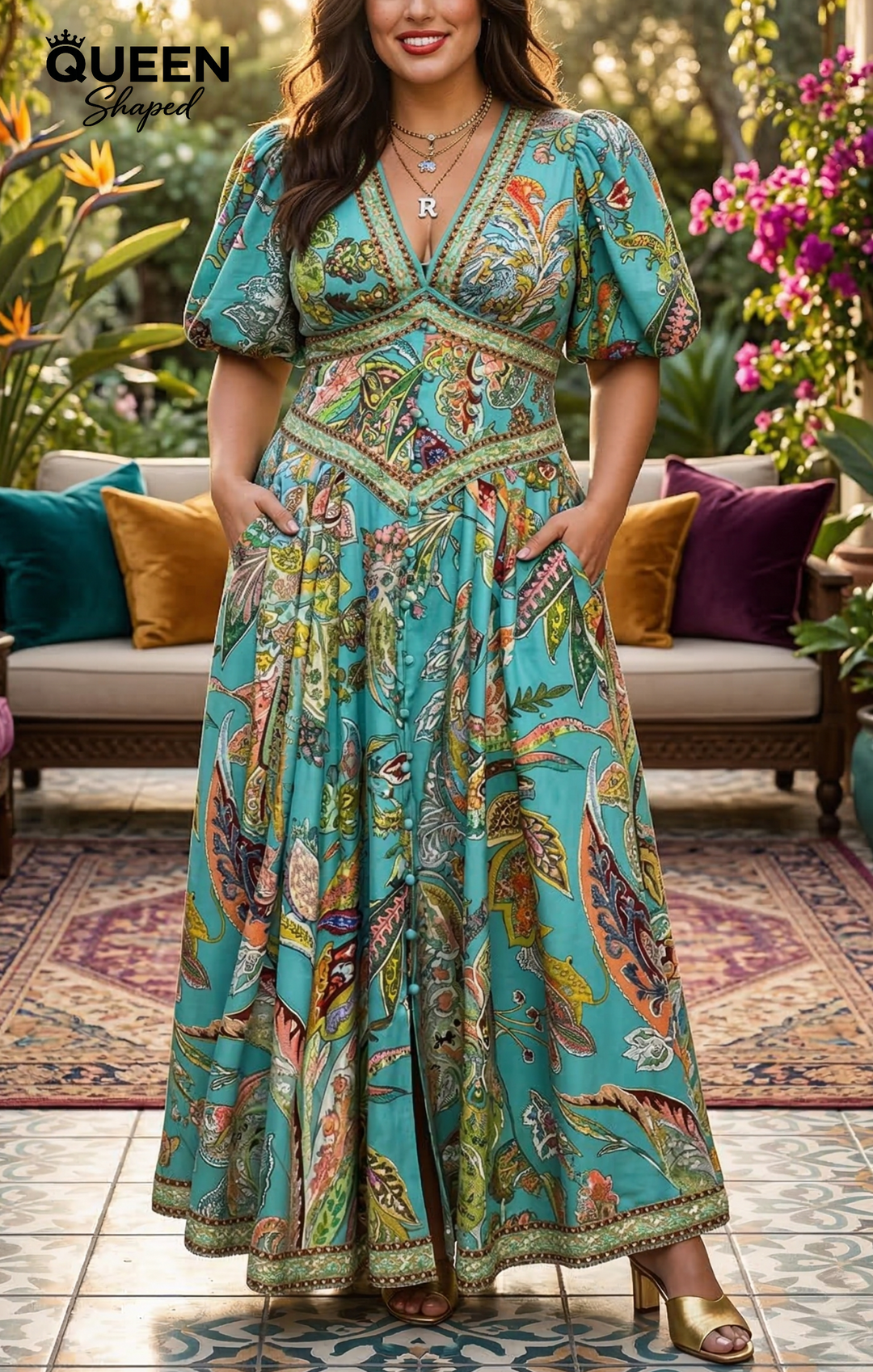 Melina | Airy maxi dress with puff sleeves and V-neck