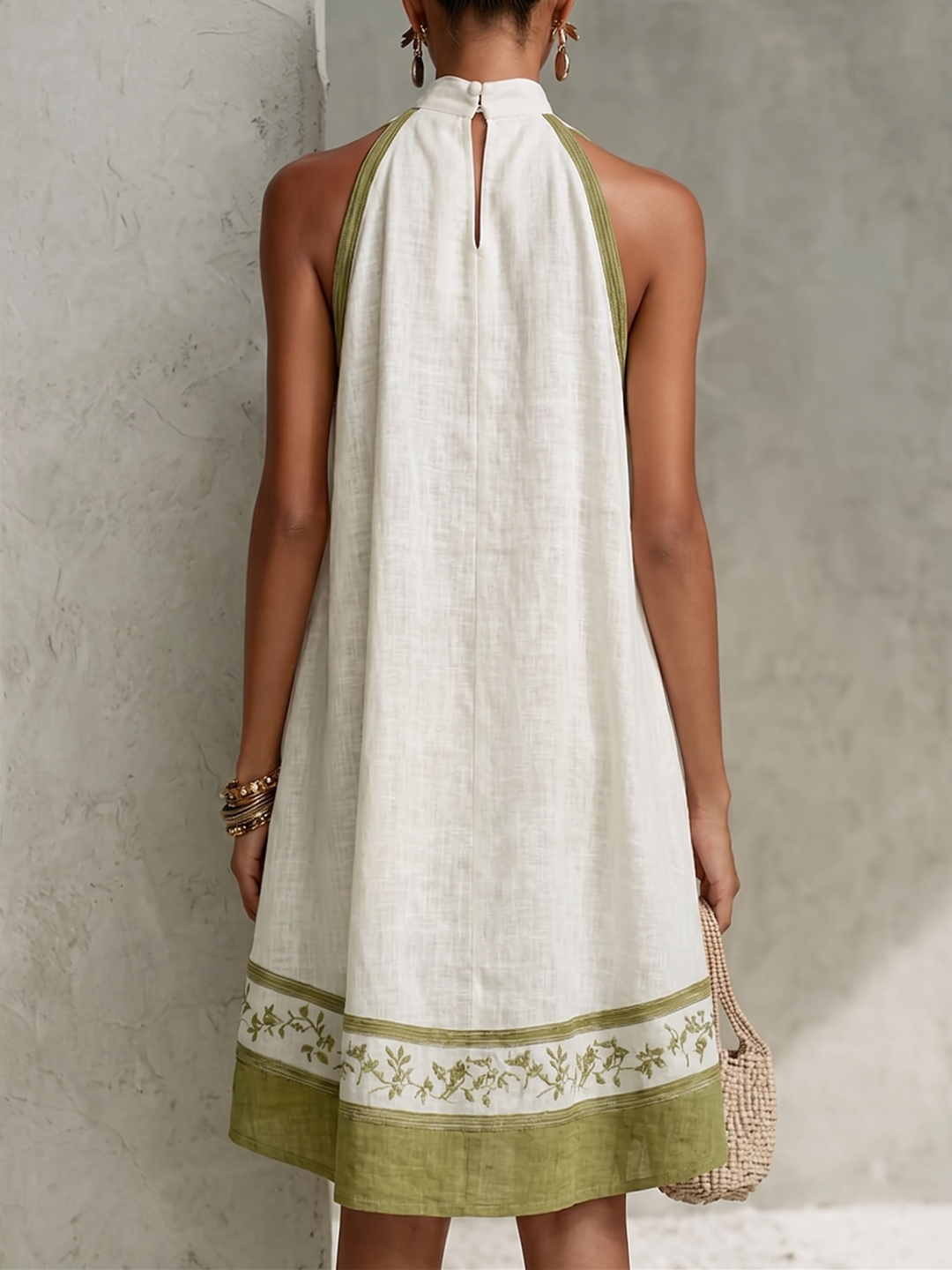 Ornella | Sleeveless A-Line Mini Dress in White and Olive Green Floral Print