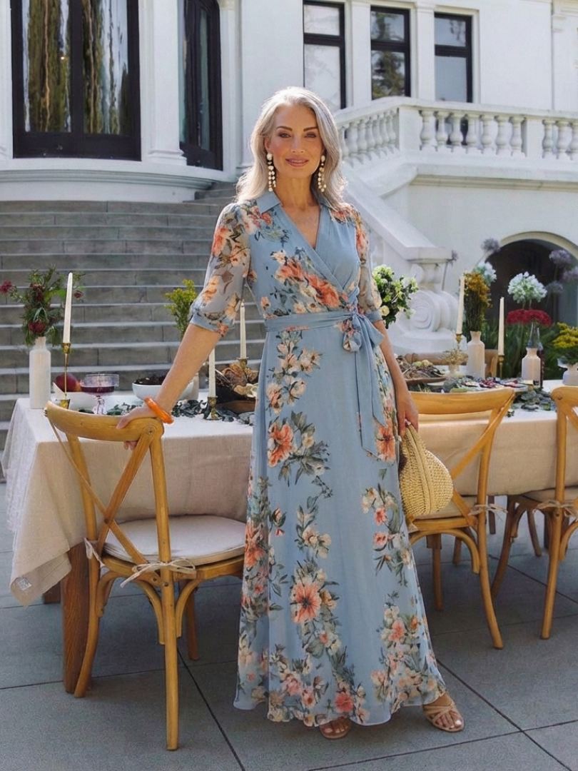 Minerva | Floral Wrap V Neck Maxi Dress