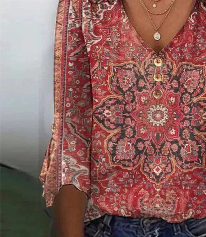 Georgiana | Ed Print 3/4 Sleeve V-Neck Top